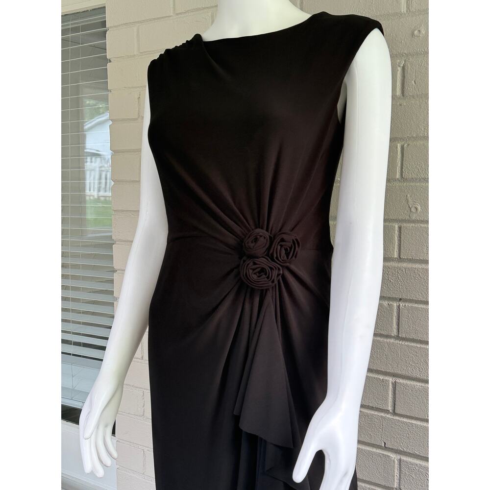 Frank Lyman Black Boat Neck Dress 8 Draped Ruched Rosette 90s Minimalist Midi - Picture 2 of 11